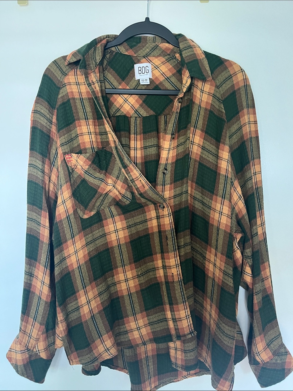 BDG Green and Tan Plaid Button-Up Shirt
